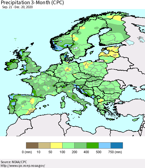 Europe Precipitation 3-Month (CPC) Thematic Map For 9/21/2020 - 12/20/2020