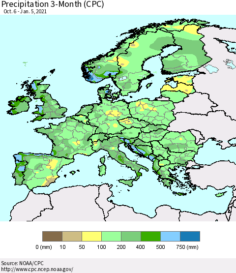 Europe Precipitation 3-Month (CPC) Thematic Map For 10/6/2020 - 1/5/2021