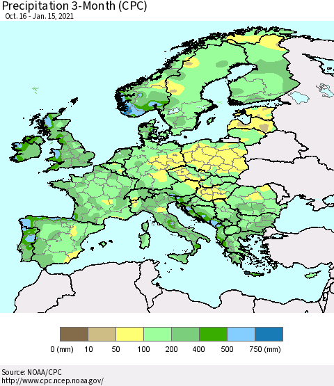Europe Precipitation 3-Month (CPC) Thematic Map For 10/16/2020 - 1/15/2021