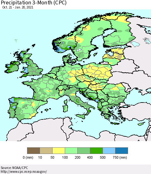 Europe Precipitation 3-Month (CPC) Thematic Map For 10/21/2020 - 1/20/2021