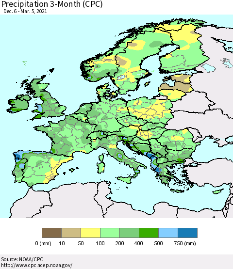 Europe Precipitation 3-Month (CPC) Thematic Map For 12/6/2020 - 3/5/2021