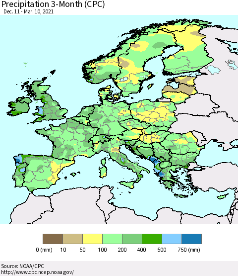 Europe Precipitation 3-Month (CPC) Thematic Map For 12/11/2020 - 3/10/2021