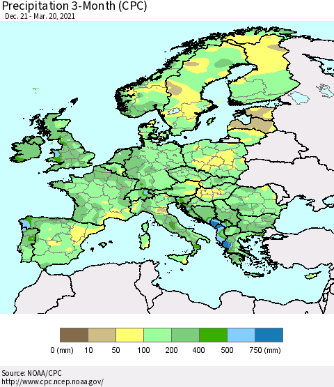 Europe Precipitation 3-Month (CPC) Thematic Map For 12/21/2020 - 3/20/2021