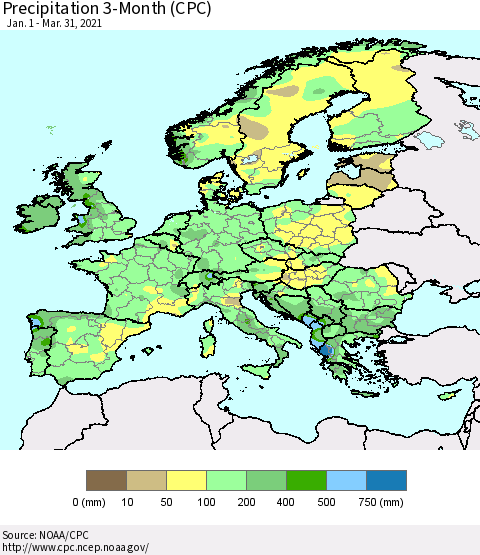 Europe Precipitation 3-Month (CPC) Thematic Map For 1/1/2021 - 3/31/2021