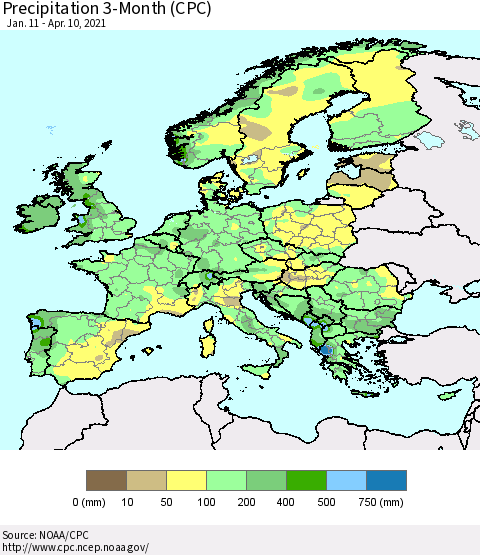 Europe Precipitation 3-Month (CPC) Thematic Map For 1/11/2021 - 4/10/2021