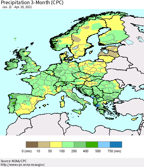Europe Precipitation 3-Month (CPC) Thematic Map For 1/21/2021 - 4/20/2021