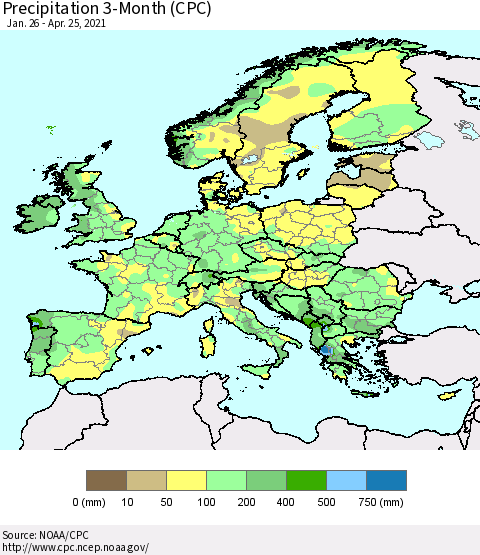Europe Precipitation 3-Month (CPC) Thematic Map For 1/26/2021 - 4/25/2021