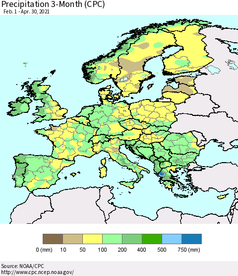 Europe Precipitation 3-Month (CPC) Thematic Map For 2/1/2021 - 4/30/2021