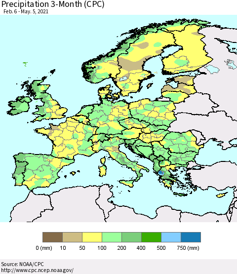 Europe Precipitation 3-Month (CPC) Thematic Map For 2/6/2021 - 5/5/2021
