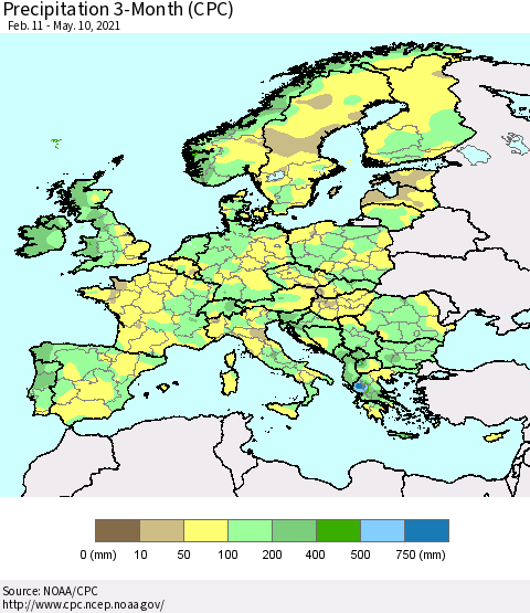 Europe Precipitation 3-Month (CPC) Thematic Map For 2/11/2021 - 5/10/2021