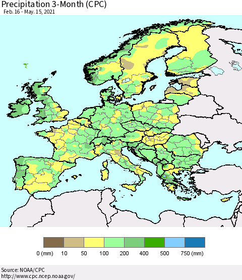 Europe Precipitation 3-Month (CPC) Thematic Map For 2/16/2021 - 5/15/2021