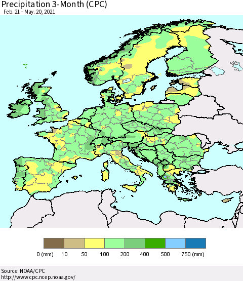 Europe Precipitation 3-Month (CPC) Thematic Map For 2/21/2021 - 5/20/2021