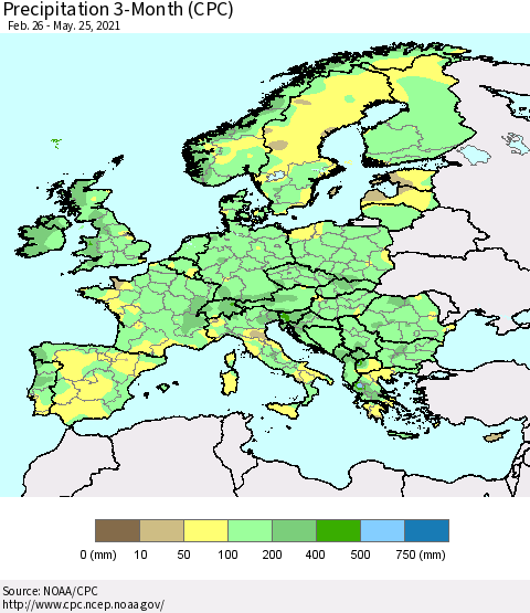 Europe Precipitation 3-Month (CPC) Thematic Map For 2/26/2021 - 5/25/2021