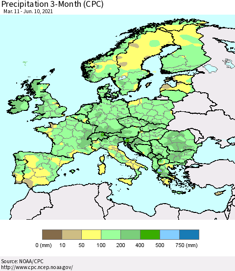 Europe Precipitation 3-Month (CPC) Thematic Map For 3/11/2021 - 6/10/2021