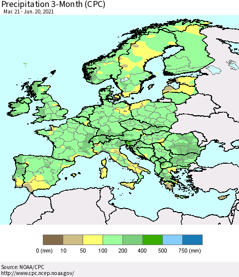 Europe Precipitation 3-Month (CPC) Thematic Map For 3/21/2021 - 6/20/2021