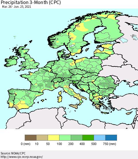 Europe Precipitation 3-Month (CPC) Thematic Map For 3/26/2021 - 6/25/2021