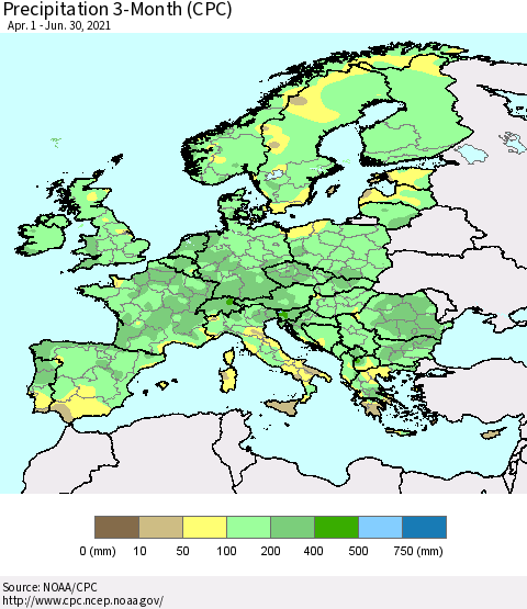 Europe Precipitation 3-Month (CPC) Thematic Map For 4/1/2021 - 6/30/2021