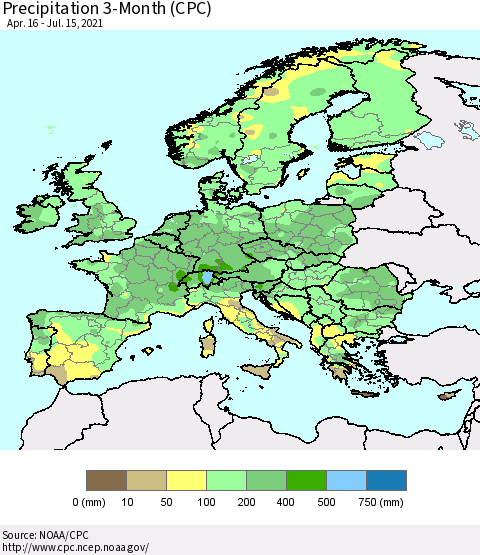 Europe Precipitation 3-Month (CPC) Thematic Map For 4/16/2021 - 7/15/2021