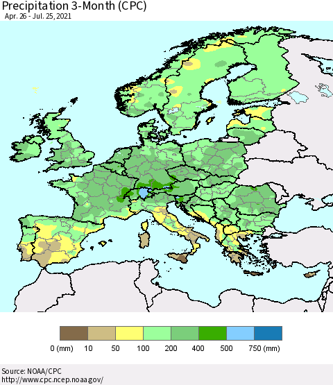 Europe Precipitation 3-Month (CPC) Thematic Map For 4/26/2021 - 7/25/2021