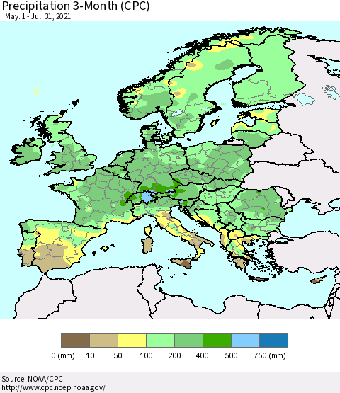 Europe Precipitation 3-Month (CPC) Thematic Map For 5/1/2021 - 7/31/2021