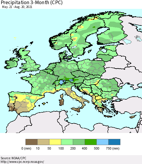 Europe Precipitation 3-Month (CPC) Thematic Map For 5/21/2021 - 8/20/2021
