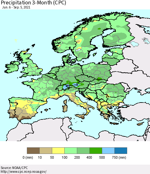 Europe Precipitation 3-Month (CPC) Thematic Map For 6/6/2021 - 9/5/2021