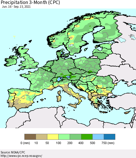 Europe Precipitation 3-Month (CPC) Thematic Map For 6/16/2021 - 9/15/2021