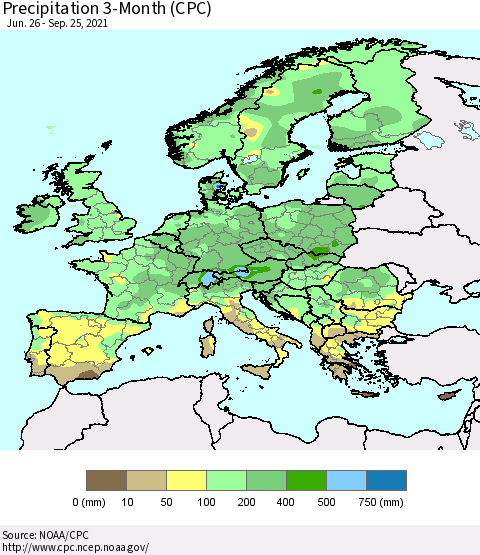 Europe Precipitation 3-Month (CPC) Thematic Map For 6/26/2021 - 9/25/2021