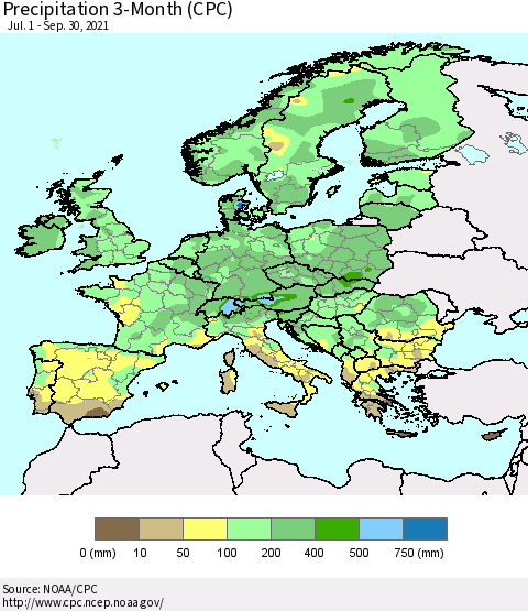 Europe Precipitation 3-Month (CPC) Thematic Map For 7/1/2021 - 9/30/2021