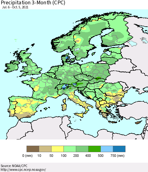 Europe Precipitation 3-Month (CPC) Thematic Map For 7/6/2021 - 10/5/2021