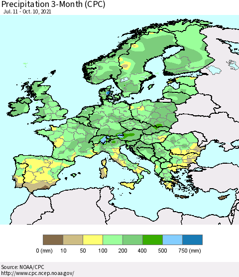 Europe Precipitation 3-Month (CPC) Thematic Map For 7/11/2021 - 10/10/2021