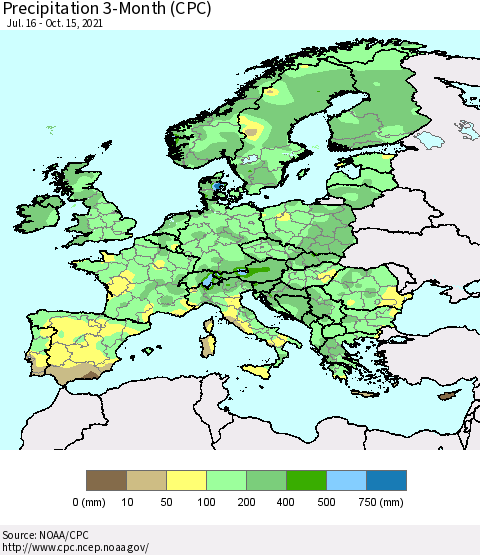 Europe Precipitation 3-Month (CPC) Thematic Map For 7/16/2021 - 10/15/2021
