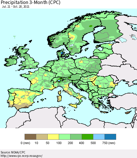 Europe Precipitation 3-Month (CPC) Thematic Map For 7/21/2021 - 10/20/2021