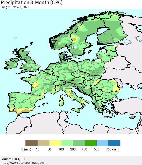 Europe Precipitation 3-Month (CPC) Thematic Map For 8/6/2021 - 11/5/2021