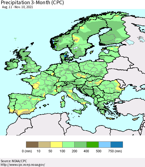 Europe Precipitation 3-Month (CPC) Thematic Map For 8/11/2021 - 11/10/2021