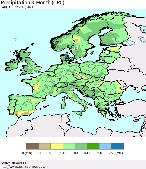 Europe Precipitation 3-Month (CPC) Thematic Map For 8/16/2021 - 11/15/2021