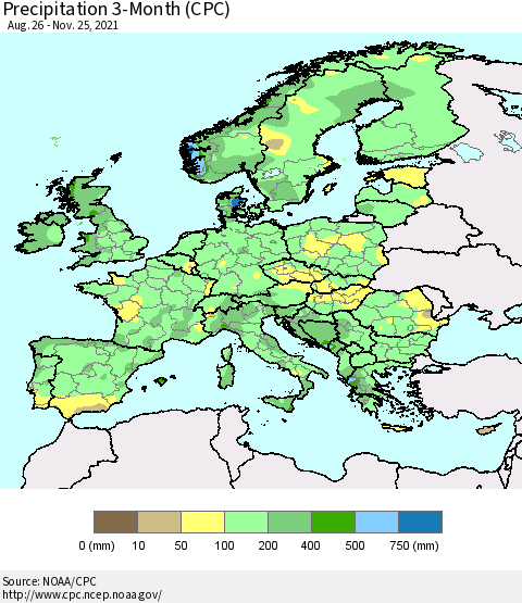 Europe Precipitation 3-Month (CPC) Thematic Map For 8/26/2021 - 11/25/2021
