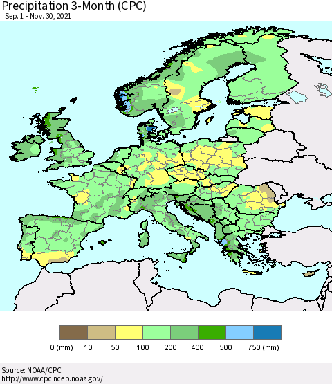 Europe Precipitation 3-Month (CPC) Thematic Map For 9/1/2021 - 11/30/2021