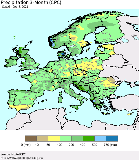 Europe Precipitation 3-Month (CPC) Thematic Map For 9/6/2021 - 12/5/2021