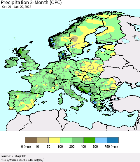 Europe Precipitation 3-Month (CPC) Thematic Map For 10/21/2021 - 1/20/2022
