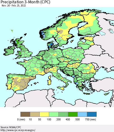 Europe Precipitation 3-Month (CPC) Thematic Map For 11/26/2021 - 2/25/2022