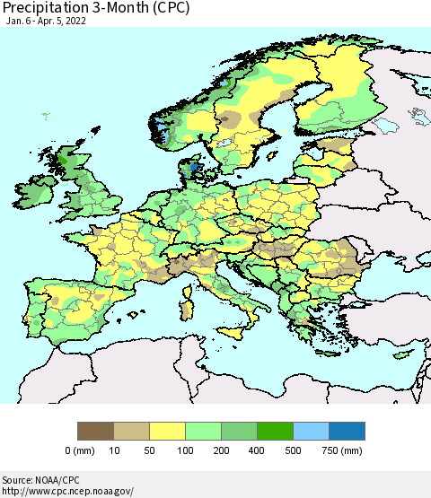Europe Precipitation 3-Month (CPC) Thematic Map For 1/6/2022 - 4/5/2022