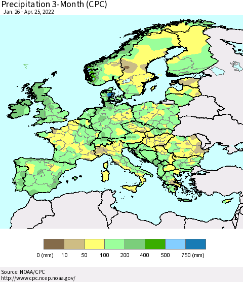 Europe Precipitation 3-Month (CPC) Thematic Map For 1/26/2022 - 4/25/2022