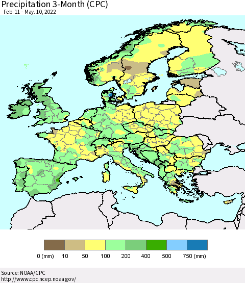 Europe Precipitation 3-Month (CPC) Thematic Map For 2/11/2022 - 5/10/2022