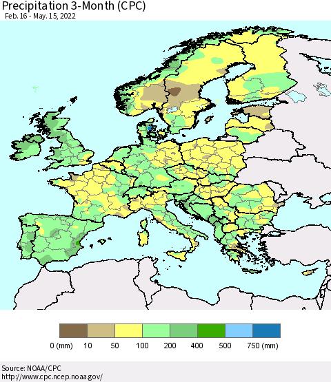 Europe Precipitation 3-Month (CPC) Thematic Map For 2/16/2022 - 5/15/2022