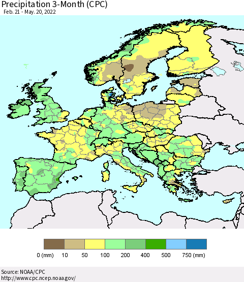 Europe Precipitation 3-Month (CPC) Thematic Map For 2/21/2022 - 5/20/2022