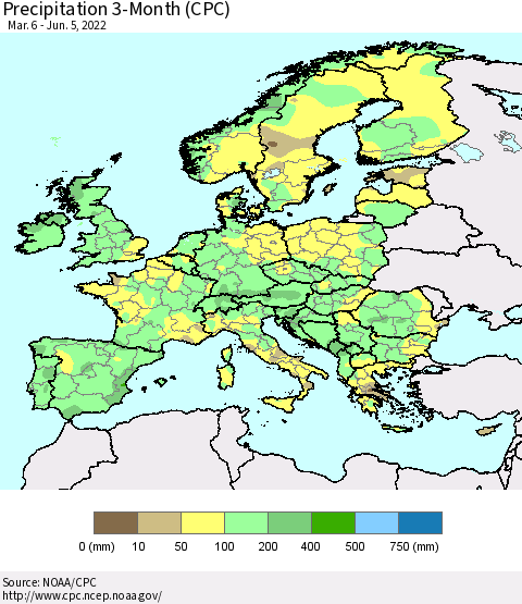 Europe Precipitation 3-Month (CPC) Thematic Map For 3/6/2022 - 6/5/2022