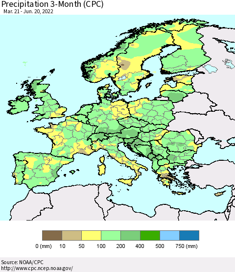 Europe Precipitation 3-Month (CPC) Thematic Map For 3/21/2022 - 6/20/2022