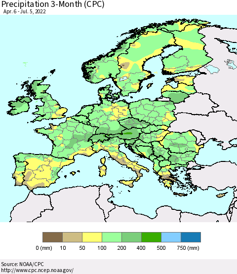 Europe Precipitation 3-Month (CPC) Thematic Map For 4/6/2022 - 7/5/2022