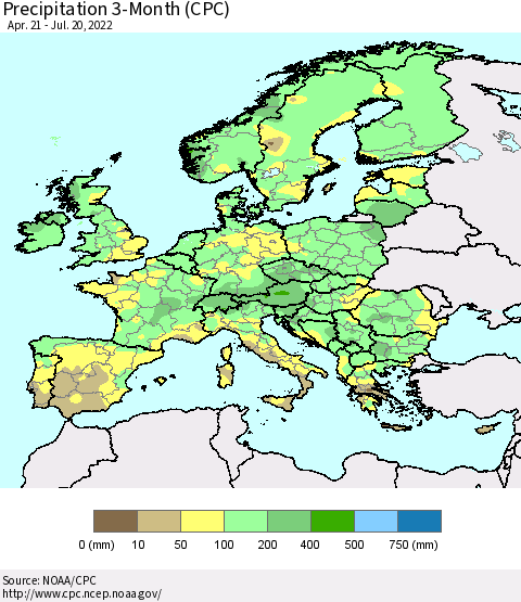 Europe Precipitation 3-Month (CPC) Thematic Map For 4/21/2022 - 7/20/2022